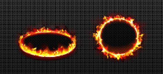 Poster - Round frames with fire. Burning rings with flame, glow effect and sparkles. Yellow orange fiery platforms in perspective, front view isolated on transparent background, vector realistic set