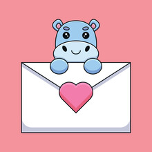 Cute Hippo Holding A Love Letter Cartoon Mascot Doodle Art Hand Drawn Outline Concept Vector Kawaii Icon Illustration