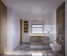  3d rendering,3d illustration, Interior Scene and  Mockup,modern minimalist style bathroom,White marble walls, wooden furniture.
