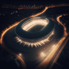 Aerial view of sports stadium with lights. Generative AI.