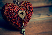 Wicker Heart And Vintage Key On Wooden Background.Generative AI