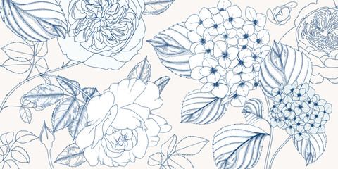 Wall Mural - Line floral background and screen wallpaper with rose and hydrangea