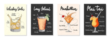 Set Of 4 Advertising Recipe Lists With Alcoholic Drinks, Cocktails And Beverages Lettering Posters, Wall Decoration, Prints, Menu Design. Hand Drawn Typography With Sketches. Handwritten Calligraphy.