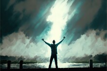 A Man With His Arms Outstretched And His Chest Outstretched Rejoices Before The Storm