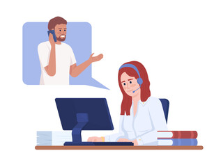 Poster - Call center agent gathering feedback from client semi flat color vector characters. Editable figures. Full body people on white. Simple cartoon style illustration for web graphic design and animation