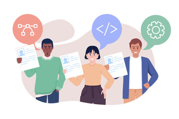 Poster - good first impression at job fair 2d vector isolated illustration. developers holding cvs flat chara