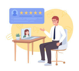 Wall Mural - Remote job interview 2D vector isolated illustration. HR manager satisfied with candidate flat characters on cartoon background. Colorful editable scene for mobile, website, presentation