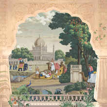 Traditional Indian Landscape, Arch, Peacock, Plant, Elephant, Camel, Caravan And Palace Vector Illustration For Wallpaper. Company Art. East Indian Painting. Far East