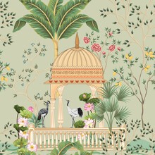 Traditional Mughal Garden, Lotus, Arch, Temple, Lamp, Bird Vector Illustration Seamless Pattern For Wallpaper
