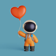 Wall Mural - Astronaut character holding a red love balloon. 3d render illustration