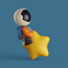 Wall Mural - 3d astronaut mascot playing and sitting on a yellow star. science concept design