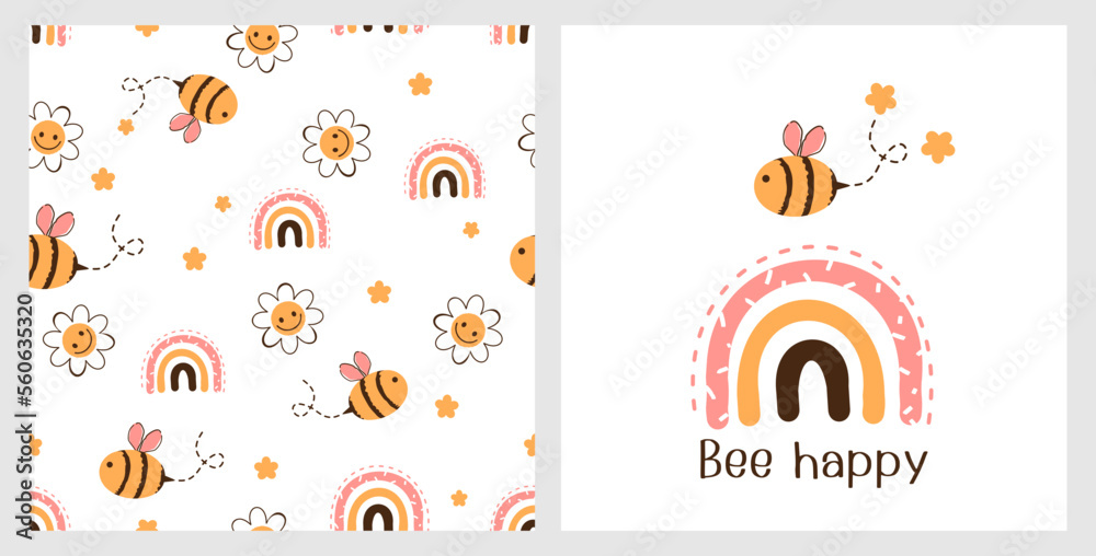 Seamless pattern with bee cartoons, daisy flower and rainbows on white ...