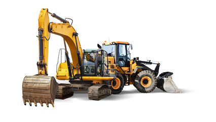 Wall Mural - Excavator and bulldozer loader close-up on a white isolated background.Construction equipment for earthworks. element for design.