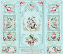 Vintage Victorian Pastel Floral Wall. Baroque Wall. Rococo Painting. Bird Illustration. Frame. European Wall Art In Modern Theme