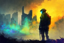 Sci-fi Soldier With The Gun. Futuristic Soldier Standing On City Ruins Against The Glowing Planet. Digital Art Style , Illustration Painting .