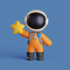 Wall Mural - 3d astronaut holding a yellow star. cute character illustration