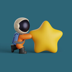 Wall Mural - 3d illustration of a cute astronaut pushing a big yellow star.  science concept design