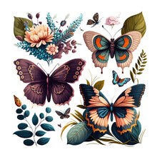 Floral Butterflies. Isolated On Background. Cartoon Flat Vector Illustration