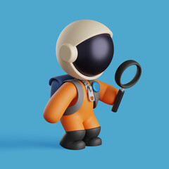Wall Mural - cute astronaut is holding a magnifying glass and researching. 3d render illustration