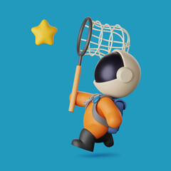 Wall Mural - 3d astronaut catching stars while holding the net. cute illustration