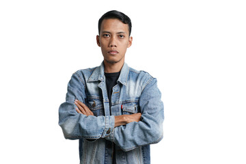 Asian man wearing a blue jean jacket poses cool, quirky like a model. Isolated by white background