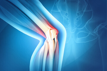 Pain in knee joint. Tendon problems and Joint inflammation on dark background. 3d illustration