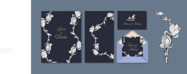 Wall Mural - set of postcards and invitations with graphic Magnolia flowers