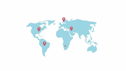Poster - Animated world map with pins. Travel destinations. Geography. Flat cartoon style element HD video footage. Color illustration on white background with alpha channel transparency for animation