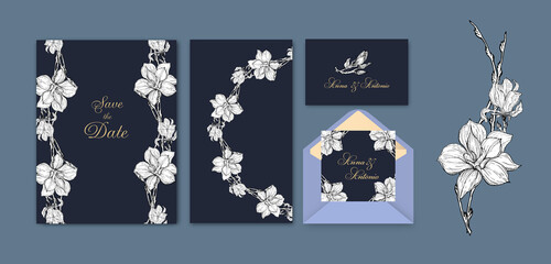 Wall Mural - set of postcards and invitations with graphic Magnolia flowers