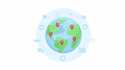 Fototapete - Animated remote work locations. Foreign countries. Looped flat 2D element HD video footage. Colorful isolated animation on white background with alpha channel transparency for website, social media