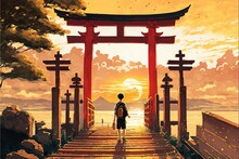 Man On The Stairs. Young Boy Walking Up The Stairs To The Torii Gate. Digital Art Style , Illustration Painting .