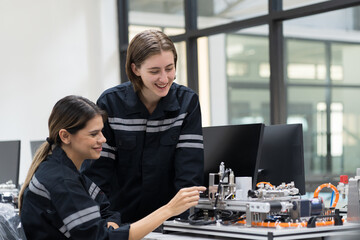 Wall Mural - Two female engineer discuss training AI robot training kit and mechatronics engineering in the manufacturing automation and robotics academy room