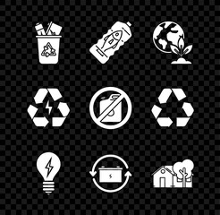 Poster - Set Recycle bin with recycle symbol, Stop ocean plastic pollution, Earth globe and plant, Light bulb lightning, Battery, Eco friendly house, and No canister for gasoline icon. Vector