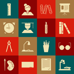 Wall Mural - Set Microscope, Glasses, Office folders with papers and documents, Paper clip, Graduate graduation cap, Alarm clock, Ruler and Stationery knife icon. Vector