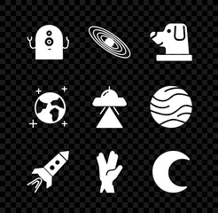 Poster - Set Alien, Planet, Dog in astronaut helmet, Rocket ship with fire, Vulcan salute, Moon and stars, Earth globe and UFO flying spaceship icon. Vector