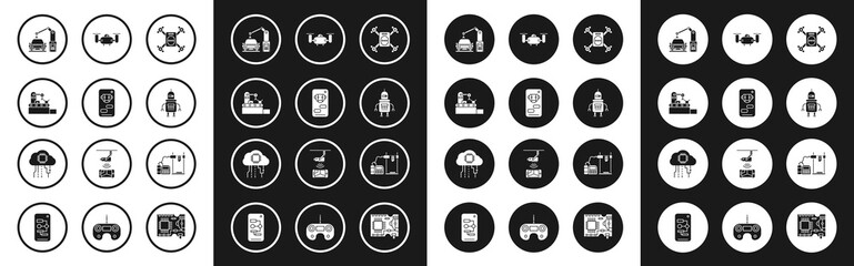 Poster - set drone flying with action camera, bot, factory conveyor system belt, industrial machine robotic r
