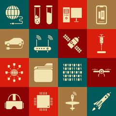 Sticker - Set Rocket ship with fire, Drone flying, Syringe, Computer monitor, Router and wi-fi signal, Electric car, Social network and Satellite icon. Vector