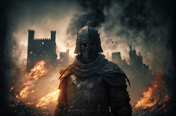 Wall Mural - medieval soldier in front of a burning city