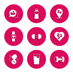 Wall Mural - Set Dumbbell, Glass with water, Sleepy, Vitamin pill, Smart watch, and Bodybuilder muscle icon. Vector