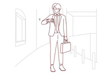 Young Businessman In Suit Look At Watch Checking Time. Male Employee Or Worker Think Of Meeting Deadline Or Missing Appointment. Time Management. Vector Illustration. 