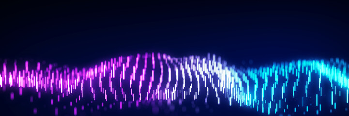 Poster - abstract dynamic wave flow of vertical purple and blue glow lines on a dark background. digital wave