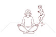 Calm young mom meditate at home with child playing near. Relaxed woman sit in lotus position practice yoga distracted from naughty kid. Vector illustration. 