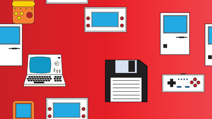 Poster - Seamless pattern endless with electronics and technology computer game consoles old retro vintage hipster from 70s, 80s, 90s isolated on red background. Vector illustration