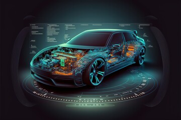 Diagnostic Auto in HUD style. Scan Automobile in 3D visualisation hologram. 3D illustration	
