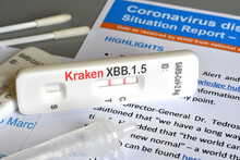 SARS‑CoV‑2 antigen test kit for self testing with positive result and text Kraken XBB.1.5. Close-up. Concept for the new Covid 19 Kraken Variant