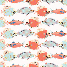 Colorful Seamless Pattern With Fish. Vector Cute Background, Print, Wrapping Paper