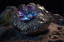  A Flower Is Sitting On A Rock In The Desert, With Rocks And Gravel Around It, And A Black Background, With A Black Background, With A Purple Flower, And Blue Center., Generative Ai