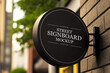 © Carkhe - Black round signboard on the wall outdoor, mock up for logo design, brand presentation for companies, shops. Board and signboard mockup.