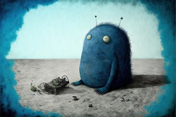  a blue creature with eyes and a mouse on the ground next to it, with a blue background and a blue sky in the background with a few tiny dots and a few tiny dots., generative ai