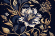 Luxury flowers wallpaper background, gold and blue, Generative AI